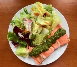 Poached salmon + cilantro pesto + greens