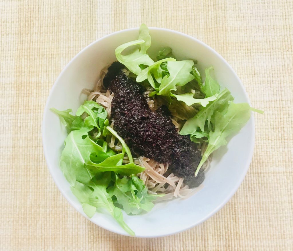 Red shiso pesto + buckwheat noodles + arugula