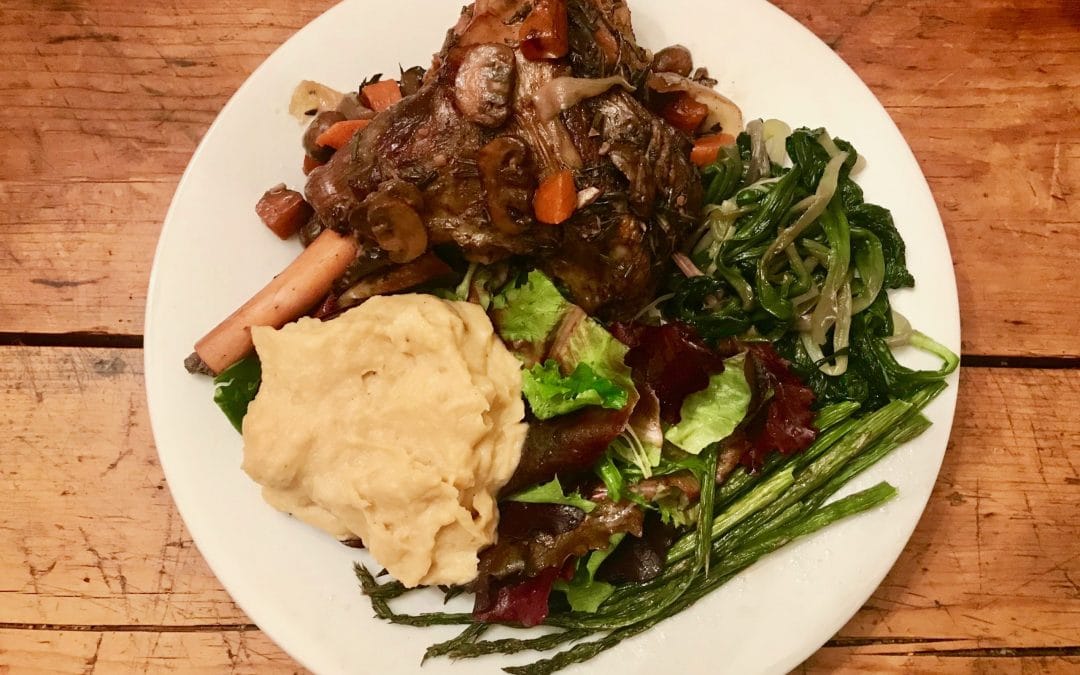 Braised Lamb Shanks in Red Wine Sauce with Mushrooms and Rosemary