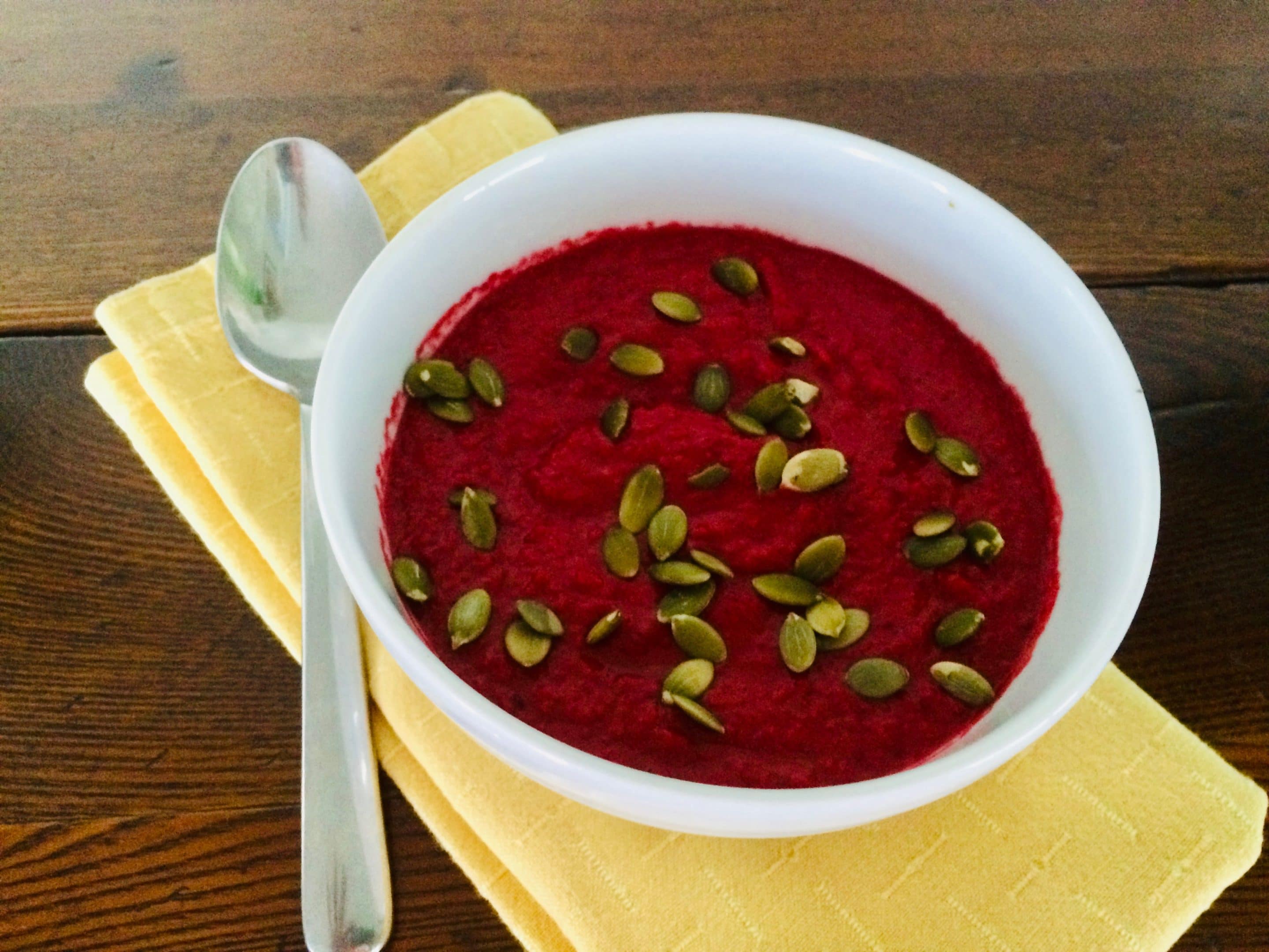 Creamy Raw Beet Soup with Toasted Pumpkin Seeds